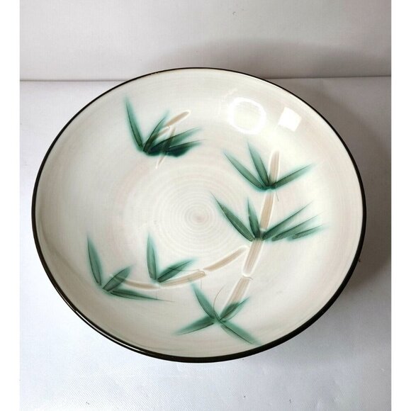 Vintage Japan Pottery Green Bamboo Pattern Bowl Black Rim With Stand Large RARE - Picture 1 of 8